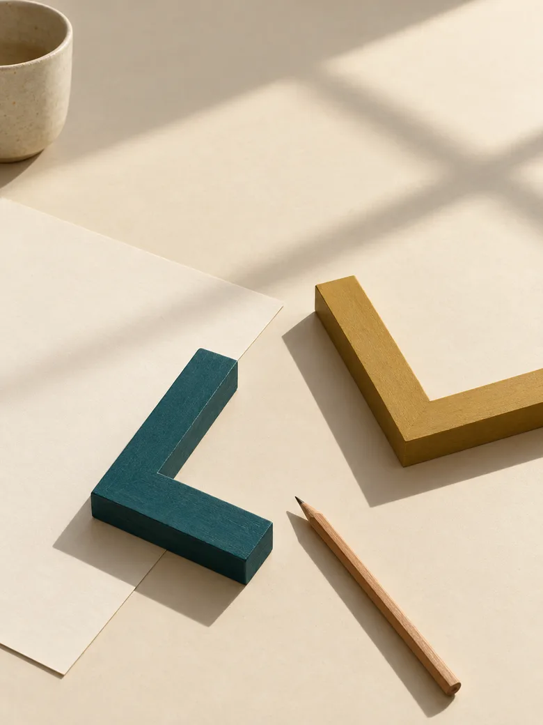 An illustrative worktable with teal and gold path pieces, paper, and a pencil.